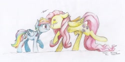 Size: 2841x1404 | Tagged: safe, artist:dilarus, artist:jessi_lionheart, deleted from derpibooru, imported from derpibooru, fluttershy, rainbow dash, pegasus, pony, boop, collaboration, colored pencil drawing, female, flutterdash, folded wings, lesbian, mare, noseboop, nuzzling, profile, raised hoof, shipping, signature, simple background, smiling, smoldash, tallershy, traditional art, white background