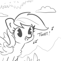 Size: 1650x1650 | Tagged: safe, artist:tjpones, imported from derpibooru, rainbow dash, bird, pegasus, pony, behaving like a bird, birb, bird noises, cheek fluff, chest fluff, cute, dashabetes, female, fluffy, grayscale, happy, lineart, mare, meta, monochrome, music notes, open mouth, rainbird dash, simple background, smiling, solo, spread wings, tjpones is trying to murder us, white background, wings