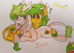 Size: 1080x780 | Tagged: safe, artist:euspuche, imported from derpibooru, oc, oc:ananá, oc:momo budo, deer, deer pony, original species, female, juice, juice box, looking at each other, raba-pony, simple background, sisters, smiling, tongue out, traditional art, white background