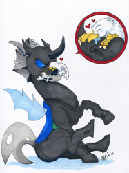 Size: 921x1234 | Tagged: safe, artist:meastudios, imported from derpibooru, oc, oc only, oc:der, oc:evening breeze, changeling, griffon, biting, changeling oc, drool, duo, fangs, griffon oc, male, micro, teeth, traditional art