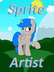 Size: 900x1200 | Tagged: safe, artist:spritepony, imported from derpibooru, oc, oc only, oc:sprite, alicorn, pony, alicorn oc, badge, bush, cloud, convention badge, hill, solo, standing, text