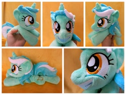 Size: 1600x1200 | Tagged: safe, artist:equinepalette, imported from derpibooru, lyra heartstrings, pony, unicorn, beanie (plushie), female, hand, irl, irrational exuberance, mare, photo, plushie, prone, smiling, solo