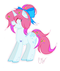 Size: 1024x1209 | Tagged: safe, artist:chococakebabe, imported from derpibooru, oc, oc only, oc:bubble twist, pony, unicorn, bow, female, hair bow, happy, mare, simple background, solo, transparent background