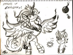 Size: 2234x1674 | Tagged: safe, artist:brekrofmadness, idw, imported from derpibooru, tempest shadow, oc, oc only, alicorn, pony, spoiler:comic68, alicornified, derp, fire, horn, insanity, monochrome, princess of explosions, race swap, solo, tempest gets her horn back, tempest now has a true horn, tempest's tale, tempesticorn, traditional art