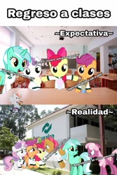 Size: 1030x1546 | Tagged: safe, imported from derpibooru, apple bloom, babs seed, cheerilee, lyra heartstrings, scootaloo, sweetie belle, cutie mark crusaders, expectation vs reality, spanish