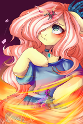 Size: 3000x4500 | Tagged: safe, artist:sileentdo, imported from derpibooru, fluttershy, breezie, changeling, hybrid, pegasus, pony, clothes, dress, female, hair over one eye, jewelry, looking at something, looking up, mare, necklace