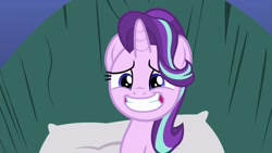 Size: 1920x1080 | Tagged: safe, imported from derpibooru, screencap, starlight glimmer, pony, unicorn, rock solid friendship, bed, cute, female, glimmerbetes, mare, nervous, smiling, solo