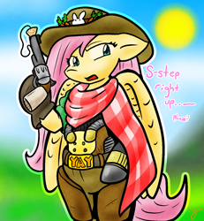 Size: 1200x1299 | Tagged: safe, artist:zutcha, imported from derpibooru, fluttershy, semi-anthro, clothes, cosplay, costume, crossover, female, jesse mccree, overwatch, solo