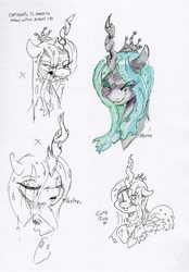 Size: 2278x3281 | Tagged: safe, artist:dilarus, deleted from derpibooru, imported from derpibooru, queen chrysalis, changeling, changeling queen, bust, color, cute, cute little fangs, cutealis, dialogue, fangs, heart, monochrome, signature, simple background, traditional art