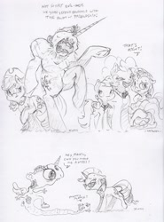 Size: 2380x3222 | Tagged: safe, artist:dilarus, deleted from derpibooru, imported from derpibooru, applejack, fluttershy, pinkie pie, rainbow dash, rarity, twilight sparkle, alicorn, earth pony, pegasus, pony, semi-anthro, unicorn, comic:the many faces of twilight sparkle, dialogue, elements of harmony, glasses, mane six, monochrome, not salmon, shoes, smoldash, sneakers, sweat, traditional art, twilight sparkle (alicorn), wat