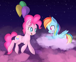 Size: 2340x1896 | Tagged: safe, artist:brok-enwings, imported from derpibooru, pinkie pie, rainbow dash, earth pony, pegasus, pony, balloon, blushing, cloud, female, sitting, sky, smiling, stars