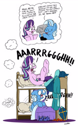 Size: 2451x3909 | Tagged: safe, artist:bobthedalek, imported from derpibooru, starlight glimmer, trixie, pony, unicorn, bed mane, bunk bed, chubby, clothes, dream, duo, female, hat, horn impalement, horn poke, implied twilight sparkle, kite, literal butthurt, mare, nightcap, nightmare, pain, screaming, shrunken pupils, simple background, slippers, trixie's nightcap, trophy, unicorn problems, white background