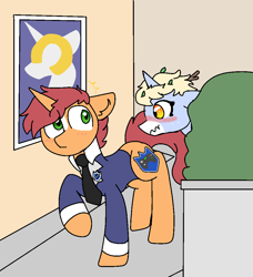 Size: 940x1030 | Tagged: safe, artist:nootaz, imported from derpibooru, oc, oc:game guard, oc:nootaz, pony, unicorn, blushing, blushing profusely, bush, clothes, female, gametaz, male, mare, necktie, shocked, stallion, teenager