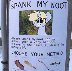 Size: 540x535 | Tagged: safe, artist:nootaz, imported from derpibooru, oc, oc only, oc:nootaz, fish, bacon, food, implied spanking, looking at you, meat, meme, noot abuse, paddle, stick