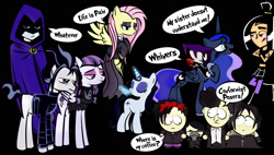 Size: 1684x954 | Tagged: safe, artist:dan232323, imported from derpibooru, fluttershy, moonlight raven, princess luna, snow hope, crossover, danny phantom, fluttergoth, gaz membrane, goth, invader zim, raven (dc comics), raven (teen titans), sam manson, south park