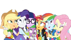 Size: 1334x750 | Tagged: safe, artist:php77, editor:php77, imported from derpibooru, applejack, fluttershy, rainbow dash, rarity, sci-twi, spike, spike the regular dog, sunset shimmer, twilight sparkle, dog, equestria girls, simple background, transparent background