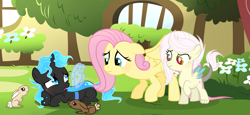 Size: 4585x2105 | Tagged: safe, artist:velveagicsentryyt, imported from derpibooru, fluttershy, oc, oc:chrystallis, oc:destiny, hybrid, rabbit, high res, interspecies offspring, offspring, parent:discord, parent:fluttershy, parent:queen chrysalis, parents:discoshy, prone