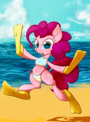 Size: 1760x2362 | Tagged: safe, artist:noupu, imported from derpibooru, pinkie pie, earth pony, pony, beach, belly button, bikini, clothes, female, flippers, flippers (gear), mare, sky, solo, striped bikini, swimsuit, water