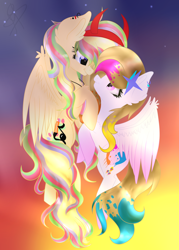 Size: 2500x3500 | Tagged: safe, artist:xxmelody-scribblexx, imported from derpibooru, oc, oc only, oc:melody scribble, oc:spring splat, pegasus, pony, female, flying, high res, mare, twilight (astronomy)