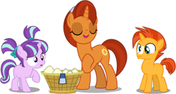 Size: 958x515 | Tagged: safe, alternate version, artist:dashiesparkle, artist:dashiesparkle edit, artist:frownfactory, artist:tardifice, edit, editor:slayerbvc, imported from derpibooru, vector edit, starlight glimmer, stellar flare, sunburst, unicorn, the cutie re-mark, the parent map, uncommon bond, basket, clothes, coat markings, colt, colt sunburst, female, filly, filly starlight glimmer, laundry, male, mare, mother and son, raised hoof, scarf, simple background, sockless stellar flare, sockless sunburst, socks (coat marking), socks (coat markings), surprised, transparent background, vector, wide eyes, younger