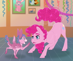 Size: 3200x2700 | Tagged: safe, artist:jackiebloom, imported from derpibooru, pinkie pie, oc, oc:disco inferno, earth pony, hybrid, mule, pony, colt, duo, female, high res, male, mare, mother and son, pegamule, pinkie sense, twitchy tail, younger