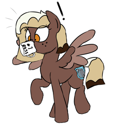 Size: 3000x3000 | Tagged: safe, artist:besttubahorse, imported from derpibooru, oc, oc:sweet mocha, pegasus, pony, black outlines, coffee mug, colored sketch, exclamation point, freckles, mug, raised hoof, silly, simple background, sketch, spread wings, stuck, surprised, white background