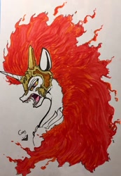 Size: 888x1280 | Tagged: safe, artist:greyscaleart, imported from derpibooru, daybreaker, alicorn, pony, bust, female, fire, helmet, mare, open mouth, portrait, signature, simple background, solo, teeth, traditional art, white background