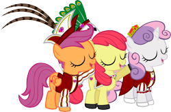 Size: 5481x3574 | Tagged: safe, artist:ironm17, imported from derpibooru, apple bloom, scootaloo, sweetie belle, earth pony, pegasus, pony, unicorn, carnival, clothes, costume, cutie mark crusaders, eyes closed, female, filly, germany, hat, simple background, transparent background