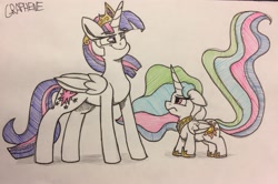 Size: 3264x2169 | Tagged: safe, artist:graphene, artist:greyscaleart, imported from derpibooru, princess celestia, twilight sparkle, alicorn, age swap, cewestia, female, filly, mare, older, older twilight, partial color, role reversal, smol, traditional art, twilight sparkle (alicorn), younger