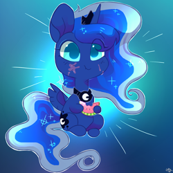 Size: 1168x1168 | Tagged: safe, artist:hiccupsdoesart, deleted from derpibooru, imported from derpibooru, princess luna, alicorn, chibi, cute, eating, ethereal mane, female, food, jewelry, lunabetes, mare, regalia, smiling, starry mane, watermelon