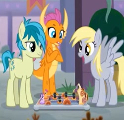 Size: 349x338 | Tagged: safe, imported from derpibooru, screencap, derpy hooves, sandbar, scootaloo, smolder, starlight glimmer, changeling, board game, official, official art, pocket ponies