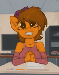 Size: 963x1210 | Tagged: safe, artist:marsminer, imported from derpibooru, oc, oc only, oc:venus spring, anthro, unicorn, adorasexy, adorkable, adorkasexy, anthro oc, arm warmers, bare shoulders, big breasts, big eyes, braces, breasts, clothes, cute, desk, dork, ear fluff, female, flower, flower in hair, hands together, ocbetes, school, sexy, sleeveless, sleeveless sweater, smiling, solo, sweater, sweater puppies, this will end in tears, venus spring actually having a pretty good time