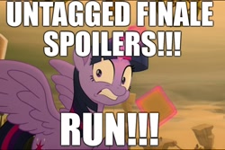 Size: 1208x808 | Tagged: safe, edit, edited screencap, editor:useraccount, imported from derpibooru, screencap, twilight sparkle, alicorn, derpibooru, my little pony: the movie, season 8, end of ponies, excessive exclamation marks, image macro, meme, meta, spoiler, text, twilight sparkle (alicorn)