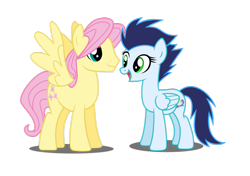 Size: 1024x722 | Tagged: safe, artist:meandmyideas, edit, imported from derpibooru, fluttershy, soarin', pegasus, pony, butterscotch, female, glide, looking at each other, male, rule 63, shipping, simple background, soarinshy, straight, transparent background, vector, wide eyes