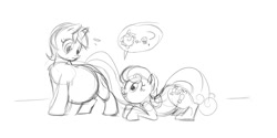 Size: 1400x700 | Tagged: safe, artist:envy, imported from derpibooru, bon bon, lyra heartstrings, sweetie drops, earth pony, pony, unicorn, belly, big belly, chubby, crouching, duo, duo female, fat, feeder bon bon, female, lard-ra heartstrings, lesbian, lyra feedee, lyrabon, monochrome, pictogram, shipping, sketch, weight gain