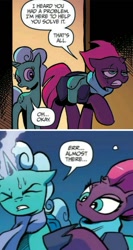 Size: 657x1231 | Tagged: safe, artist:andypriceart, idw, imported from derpibooru, glitter drops, tempest shadow, pony, unicorn, spoiler:comic, spoiler:comic67, spoiler:comic68, broken horn, cropped, eye scar, female, hoof shoes, mare, official comic, out of context, scar, speech bubble, tempest's tale