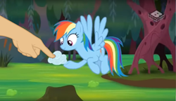 Size: 1611x926 | Tagged: safe, edit, edited screencap, imported from derpibooru, screencap, rainbow dash, pegasus, pony, the end in friend, boop, boop edit, cloud, cloud baby, female, finger, flying, hand, mare, swamp