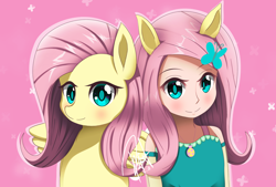 Size: 2398x1619 | Tagged: safe, artist:drakesparkle44, imported from derpibooru, fluttershy, human, pony, equestria girls, equestria girls series, geode of fauna, human ponidox, humanized, self ponidox