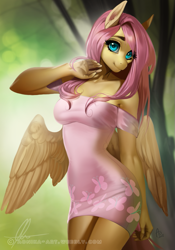 Size: 629x900 | Tagged: safe, artist:aonikaart, imported from derpibooru, fluttershy, anthro, pegasus, beautiful, breasts, clothes, cute, digital art, dress, female, looking at you, mare, patreon, patreon reward, shoulderless, shyabetes, signature, smiling, solo, spread wings, wings