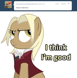 Size: 1280x1291 | Tagged: safe, artist:sintakhra, imported from derpibooru, mjölna, earth pony, pony, ask sandy pony, ace attorney, ask, clothes, cosplay, costume, female, mare, miles edgeworth, phoenix wright, solo, tumblr