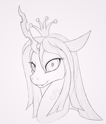 Size: 776x902 | Tagged: source needed, safe, artist:waffleberry, imported from derpibooru, queen chrysalis, changeling, changeling queen, female, looking at you, monochrome, simple background, smiling, solo