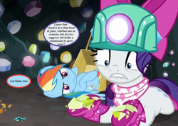 Size: 810x576 | Tagged: safe, edit, edited screencap, imported from derpibooru, screencap, rainbow dash, rarity, pegasus, pony, unicorn, the end in friend, boots, bow, broken, cropped, duo, female, gem, gem cave, glitter boots, helmet, implied maud pie, implied pinkie pie, mare, mining helmet, neckerchief, shoes, speech bubble, text, wagon