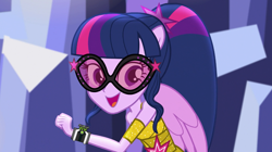 Size: 1280x718 | Tagged: safe, edit, edited screencap, editor:sonic ranger, imported from derpibooru, screencap, sci-twi, twilight sparkle, dance magic, equestria girls, spoiler:eqg specials, bare shoulders, ben 10, dance magic (song), female, omnitrix, scitwilicorn, solo, tara strong, voice actor joke