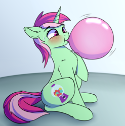 Size: 1734x1754 | Tagged: safe, artist:whyena, imported from derpibooru, minty bubblegum, pony, unicorn, blowing, bubblegum, female, food, gum, inflating, out of breath, raised hoof, simple background, sitting, solo, sweat