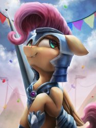 Size: 2250x3000 | Tagged: safe, artist:vanillaghosties, imported from derpibooru, fluttershy, pegasus, pony, armor, atg 2018, cloud, crystal empire, crystal guard armor, cute, female, high res, human shoulders, jousting, jousting outfit, mare, newbie artist training grounds, pole, shyabetes, solo