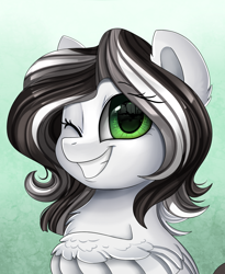 Size: 1446x1764 | Tagged: safe, artist:pridark, imported from derpibooru, oc, oc only, pegasus, pony, bust, commission, female, green eyes, one eye closed, portrait, smiling, solo, teeth, wink