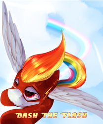 Size: 2500x3000 | Tagged: safe, artist:chapaevv, imported from derpibooru, rainbow dash, pony, clothes, cloud, costume, crossover, female, flying, rainbow, solo, superhero, superhero costume, text, the flash