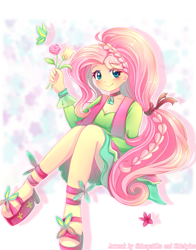 Size: 791x1011 | Tagged: safe, artist:shimayaeiko, artist:whiskyice, imported from derpibooru, fluttershy, butterfly, equestria girls, friendship through the ages, 60s, beautiful, blushing, braid, clothes, collaboration, cute, female, flower, folk fluttershy, high heels, jewelry, looking at you, necklace, ribbon, sandals, shoes, shyabetes, sitting, skirt, smiling, solo