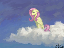 Size: 1200x900 | Tagged: safe, artist:amarynceus, imported from derpibooru, fluttershy, pegasus, pony, cloud, cutie mark, female, floppy ears, hooves, looking down, mare, on a cloud, sitting, sitting on a cloud, sitting on cloud, smiling, solo, watermark, wings