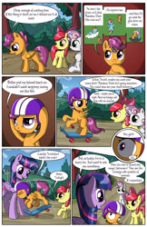 Size: 2030x3130 | Tagged: safe, artist:sirzi, imported from derpibooru, apple bloom, rainbow dash, scootaloo, sweetie belle, twilight sparkle, alicorn, earth pony, pegasus, pony, unicorn, comic:talisman for a pony, comic, crash, cutie mark crusaders, glue, helmet, messy mane, nose wrinkle, pain star, scootacrash, stuck, talisman, twilight sparkle (alicorn)